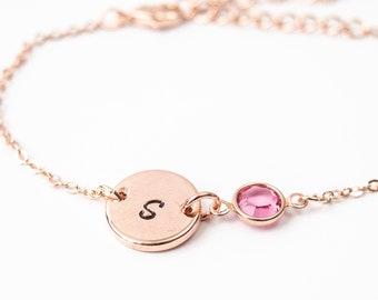 Rose Gold Birthstone & Initial Bracelet,Birthstone bracelet, Birthstone Jewellery, Personalised Disc Bracelet, Initial Bracelet