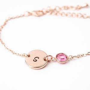 Rose Gold Birthstone & Initial Bracelet,Birthstone bracelet, Birthstone Jewellery, Personalised Disc Bracelet, Initial Bracelet