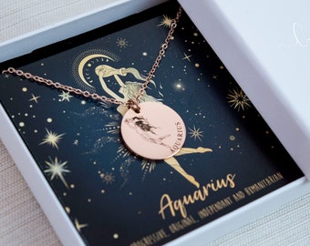 Personalised Zodiac Necklace, Disc Necklace, Engraved Jewellery, Star sign jewellery, Celestial jewelry, birthday gift, gift for her