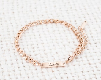 Bracciale con nome in oro rosa grosso, braccialetto con data, braccialetto a barra inciso, braccialetto personalizzato, regalo per lei