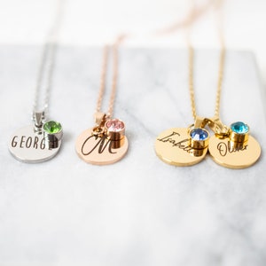Name and birthstone necklace, Disc Necklace, personalized jewelry, Engraved necklace, birthstone necklace, gift for her