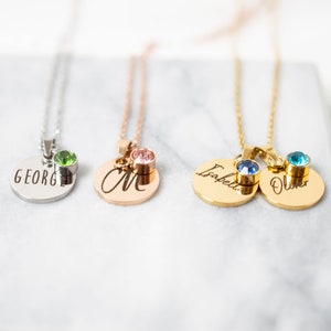 Name und Geburtsstein Halskette, Disc Halskette, personalisierter Schmuck, Gravur Halskette, Geburtsstein Halskette, Geschenk für sie