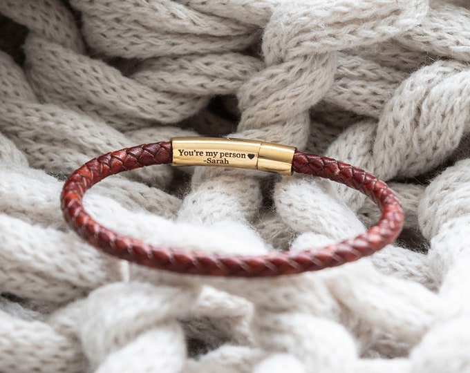 Featured listing image: Gold Men's Hidden Message Bracelet, Leather bracelet, Men's Personalized Bracelet, Gift for him