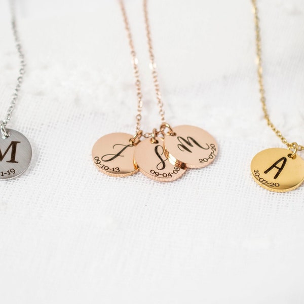 Initial and Date Necklace, Disc Necklace, personalized jewelry, Engraved necklace, personalised necklace, gift for her