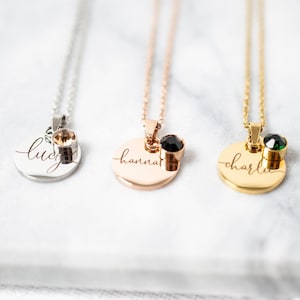 Personalized Birthstone Necklace: Engraved Stainless Steel Name Disc