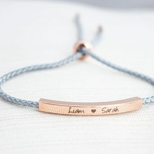 Name Bracelet, Silver, Gold or Rose gold plated, Date Bracelet, Engraved bar bracelet, personalized bracelet, couple bracelet, cord bracelet