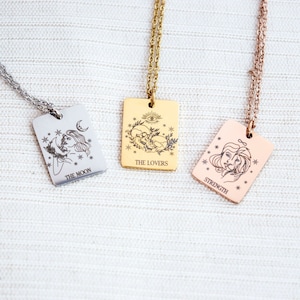 Collar de carta del tarot, joyería de carta del tarot, joyería mística, oro rosa, acero inoxidable dorado y plateado, celestial, regalo de cumpleaños, regalo para ella