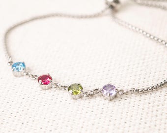 Personalised Birthstone Bracelet, Silver Adjustable Family Jewellery, waterproof