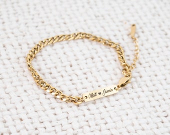 Chunky Gold name bracelet, Date Bracelet, Engraved bar bracelet, personalized bracelet, gift for her