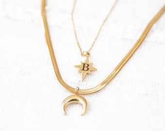 Gold layered necklace, Moon and star Jewellery, Personalised layered necklace