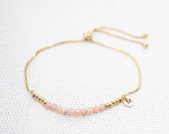 Personalised Sunstone slider bracelet, available in gold, rose gold and silver, Sunstone bracelet, gift for her