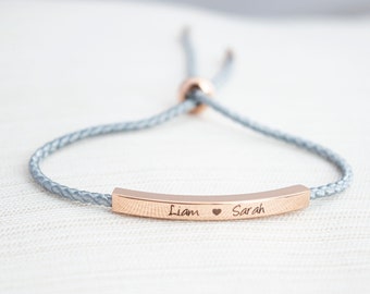 Name Bracelet, Silver, Gold or Rose gold plated, Date Bracelet, Engraved bar bracelet, personalized bracelet, couple bracelet, cord bracelet