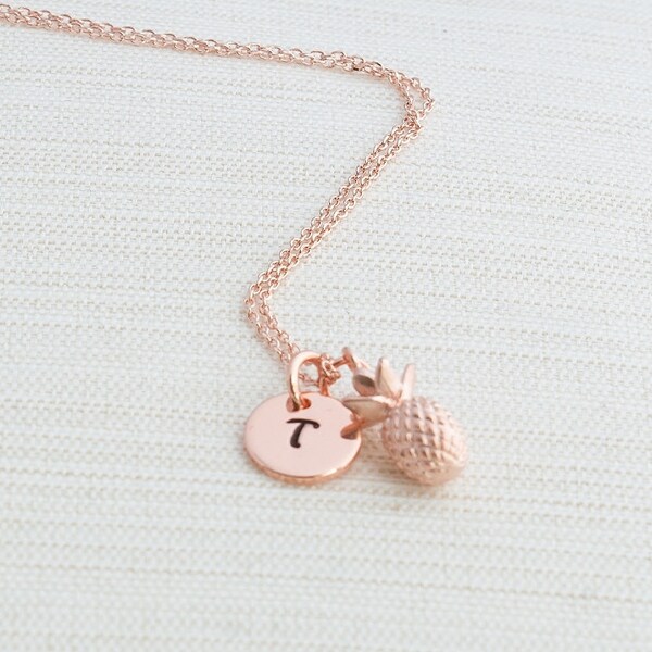 Rose Gold Initial & Pineapple Necklace, Initial Jewelry, Rose Gold Plated Disc Necklace,  Rose gold Pineapple Necklace,  A great gift idea