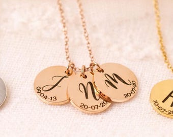 Personalised Initial & Date Necklace | Custom Engraved Disc Necklace | Anniversary Gift for Her