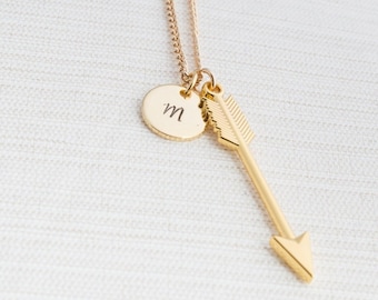 Personalised Arrow Necklace, Gold initial necklace , Initial Jewelry, Gold Plated Disc Necklace, Arrow Necklace