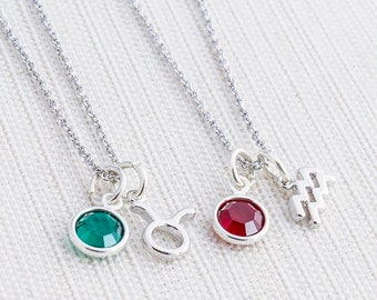 Zodiac & Birthstone Necklace, Silver zodiac necklace, birthstone jewelry