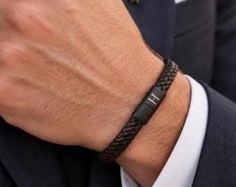 Personalised Groomsmen Leather Bracelet with Engraved Initial and Hidden Wedding Message