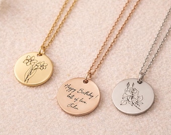 Personalized Birth Flower Necklace | Custom Engraved Floral Pendant
