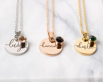 Personalised Name and Birthstone Necklace, Gift for Mum, Waterproof Jewellery for Her
