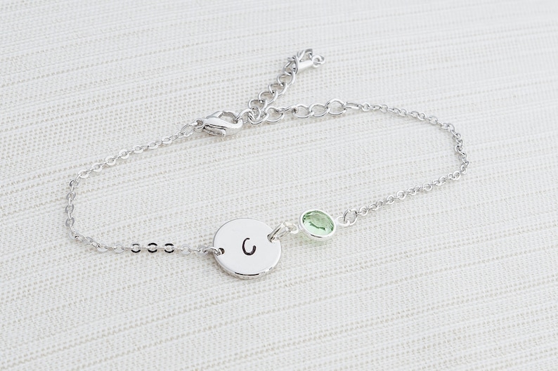 Silver Birthstone & Initial Bracelet, Silver Bracelet, Personalised Disc Bracelet, Initial Bracelet, Stacking Bracelet, Birthstone bracelet image 1