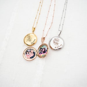 Birth Flower Locket necklace with photo and engraving, Round Locket, non tarnish, Engraved Locket, gift for her, memorial gift image 2