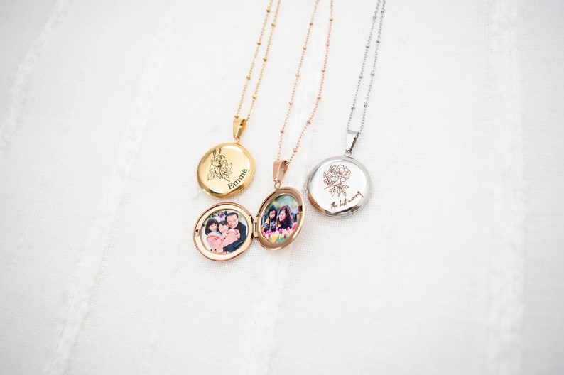 Birth Flower Locket necklace with photo and engraving, Round Locket, non tarnish, Engraved Locket, gift for her, memorial gift image 2