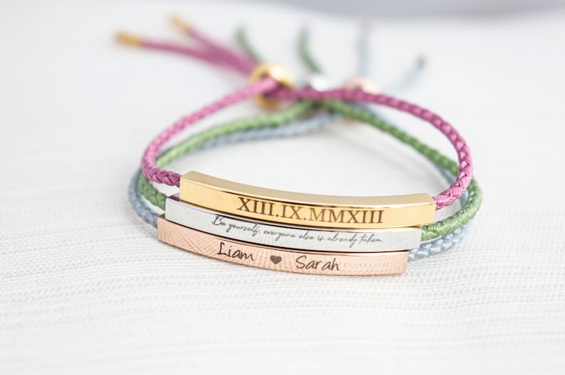 Name Bracelet, Silver, Gold or Rose gold plated, Date Bracelet, Engraved bar bracelet, personalized bracelet, couple bracelet, cord bracelet image 2