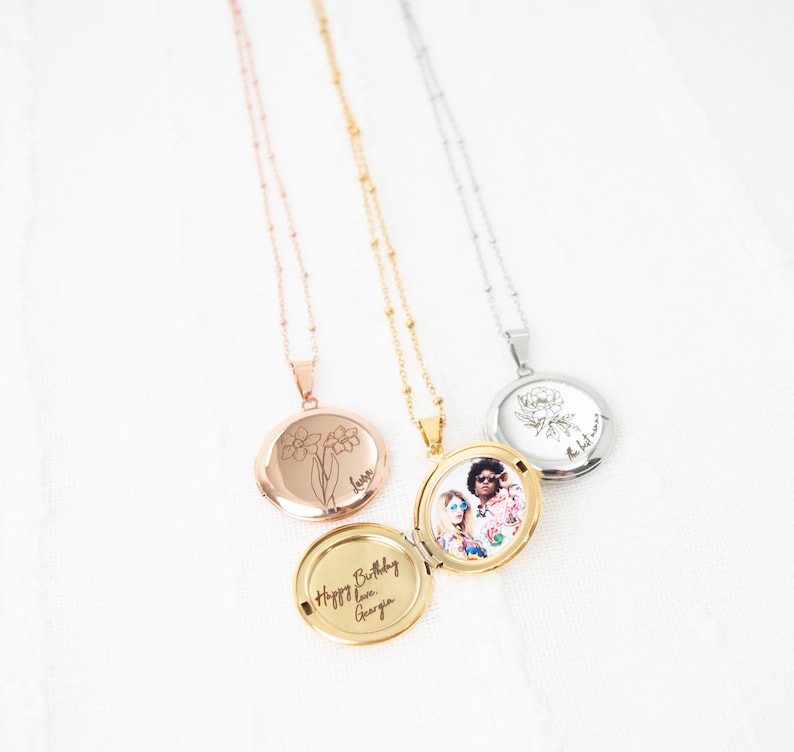 Birth Flower Locket necklace with photo and engraving, Round Locket, non tarnish, Engraved Locket, gift for her, memorial gift image 5