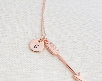 Rose Gold Initial & Arrow Necklace, Initial Jewelry, Rose Gold Plated Disc Necklace,  Rose gold Arrow Necklace,  A great gift idea