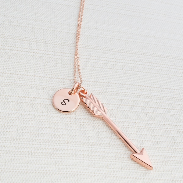 Rose Gold Initial & Arrow Necklace, Initial Jewelry, Rose Gold Plated Disc Necklace,  Rose gold Arrow Necklace,  A great gift idea