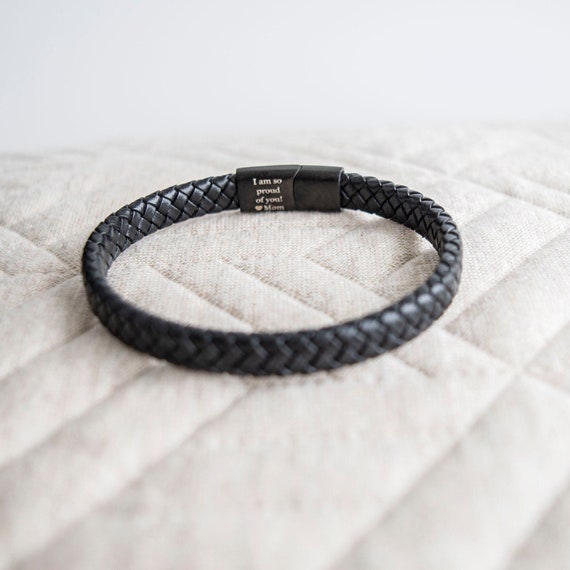 Men's Hidden Message Bracelet, Matte Black Leather bracelet for him