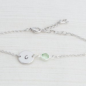 Silver Birthstone & Initial Bracelet, Silver Bracelet, Personalised Disc Bracelet, Initial Bracelet, Stacking Bracelet, Birthstone bracelet image 4