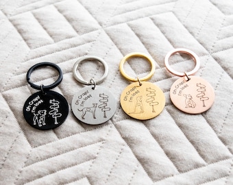 May include: Four metal dog tag keychains in black, silver, gold, and rose gold. Each tag features a dog illustration, directional signs, and the phrase "Oh Crap! I'm lost." The keychains have a circular design and a metal ring.
