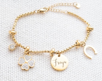 Personalised Lucky Bracelet, Available in gold or silver, Jewellery for Luck, Horse shoe bracelet, four leaf clover