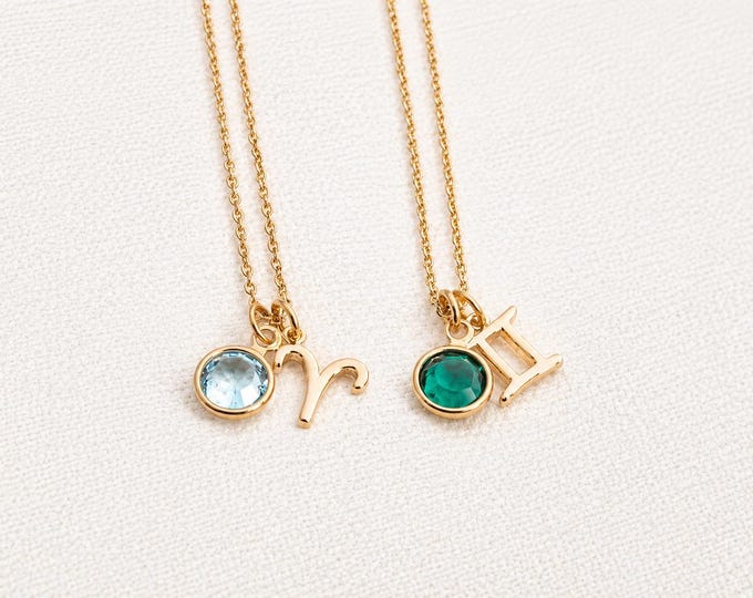 Personalised Zodiac & Birthstone Necklace with Gold Star Sign Charm
