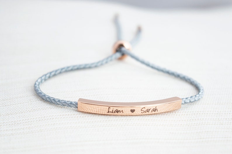 Name Bracelet, Silver, Gold or Rose gold plated, Date Bracelet, Engraved bar bracelet, personalized bracelet, couple bracelet, cord bracelet image 1