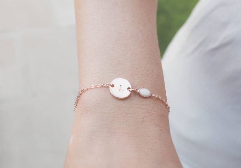 Personalised Disc Bracelet Opal Bracelet Dainty bracelet Initial Bracelet Rose Gold initial /& Opal Bracelet Rose Gold Bracelet