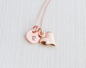 Rose Gold Initial & Heart Necklace, Initial Jewelry, Rose Gold Plated Disc Necklace,  Rose gold Heart Necklace,  A great gift idea