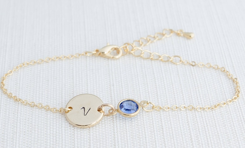 Gold Birthstone & Initial Bracelet, Gold plated Bracelet, Personalised Disc Bracelet, Initial Bracelet, Birthstone bracelet image 4