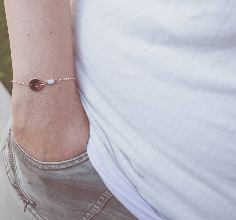 Personalised Disc Bracelet Opal Bracelet Dainty bracelet Initial Bracelet Rose Gold initial /& Opal Bracelet Rose Gold Bracelet