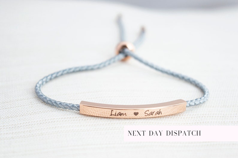 Name Bracelet, Silver, Gold or Rose gold plated, Date Bracelet, Engraved bar bracelet, personalized bracelet, couple bracelet, cord bracelet 