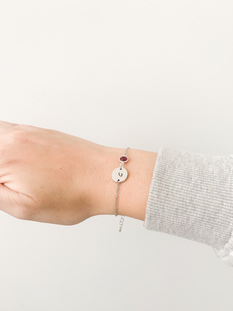 Silver Birthstone & Initial Bracelet, Silver Bracelet, Personalised Disc Bracelet, Initial Bracelet, Stacking Bracelet, Birthstone bracelet image 9