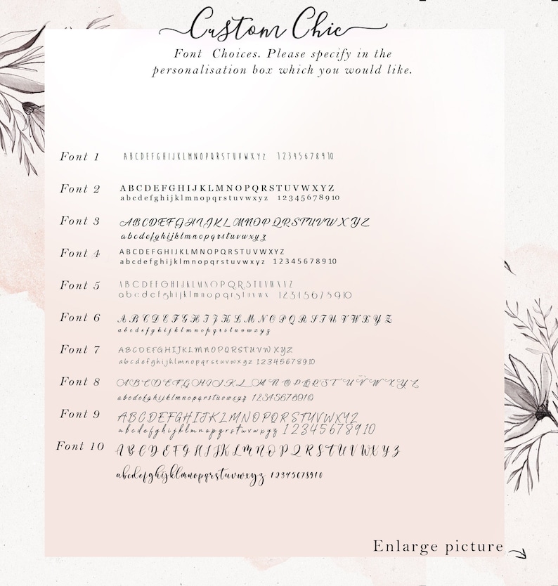Op de afbeelding: Een lijst van tien verschillende lettertypen met het alfabet en de cijfers 1 tot en met 10 weergegeven in elk lettertype. De tekst "Custom Chic" staat bovenaan de afbeelding. De tekst "Font Choices. Please specify in the personalisation box which you would like." staat onder de titel.