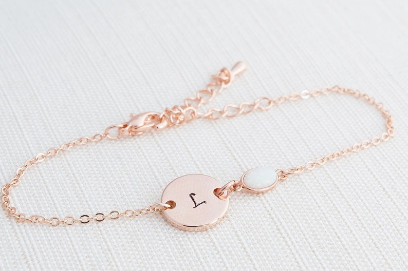 Personalised Disc Bracelet Opal Bracelet Dainty bracelet Initial Bracelet Rose Gold initial /& Opal Bracelet Rose Gold Bracelet