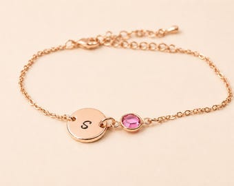 Rose Gold Initial Bracelet: Personalized Birthstone Disc Jewelry