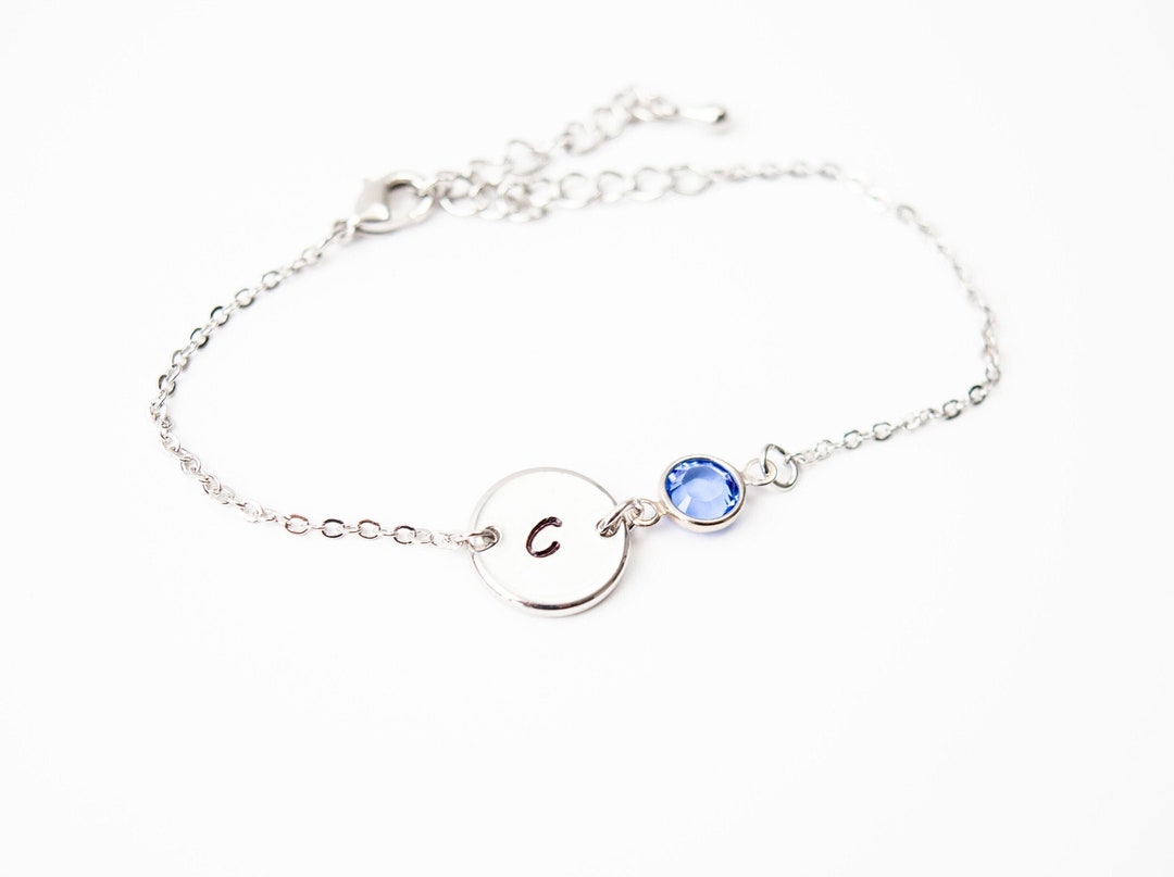 Silver Birthstone & Initial Bracelet, Silver Bracelet, Personalised ...
