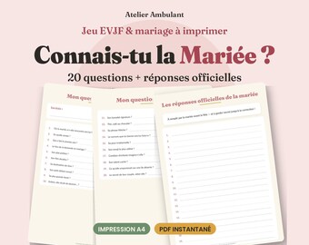 Quiz Connais-Tu la Mariée EVJF à Imprimer, 20 frågor + Feuille Réponses Officielle, Jeu Soirée Filles Mariage, PDF