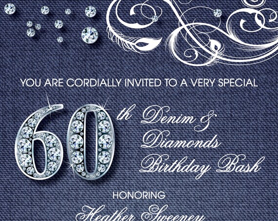 Denim and Diamonds Adult Birthday Party Invitation - Digital File OR Printed