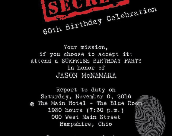 Top Secret Surprise Party - Digital File OR Printed