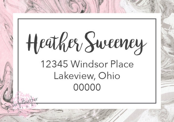 Pink and Grey Gray Marble Return Address Sticky Back Label Bromello Script, Peel and Stick, Matching Address Label - Digital File OR Printed